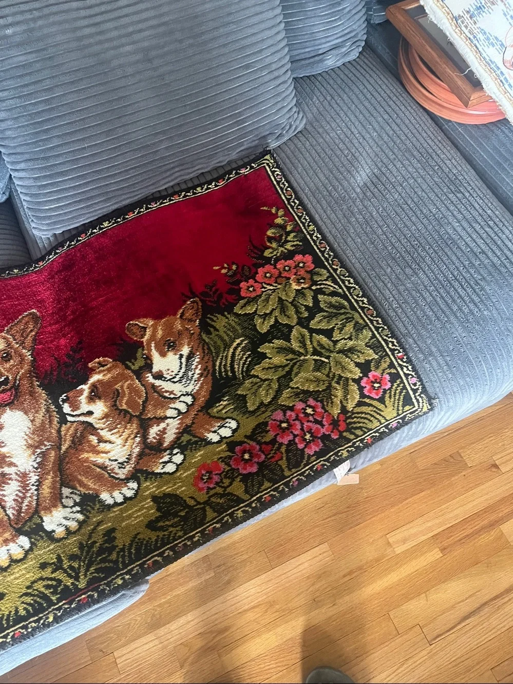 Vintage  Corgi Tapestry Runner with Dog Family on Red Background